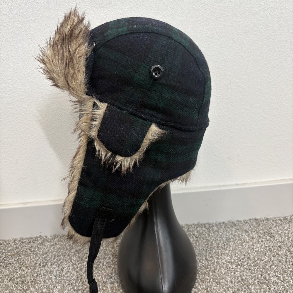 J Crew English Wool Faux Fur Lined Trapper Hat Classic Blackwatch Plaid